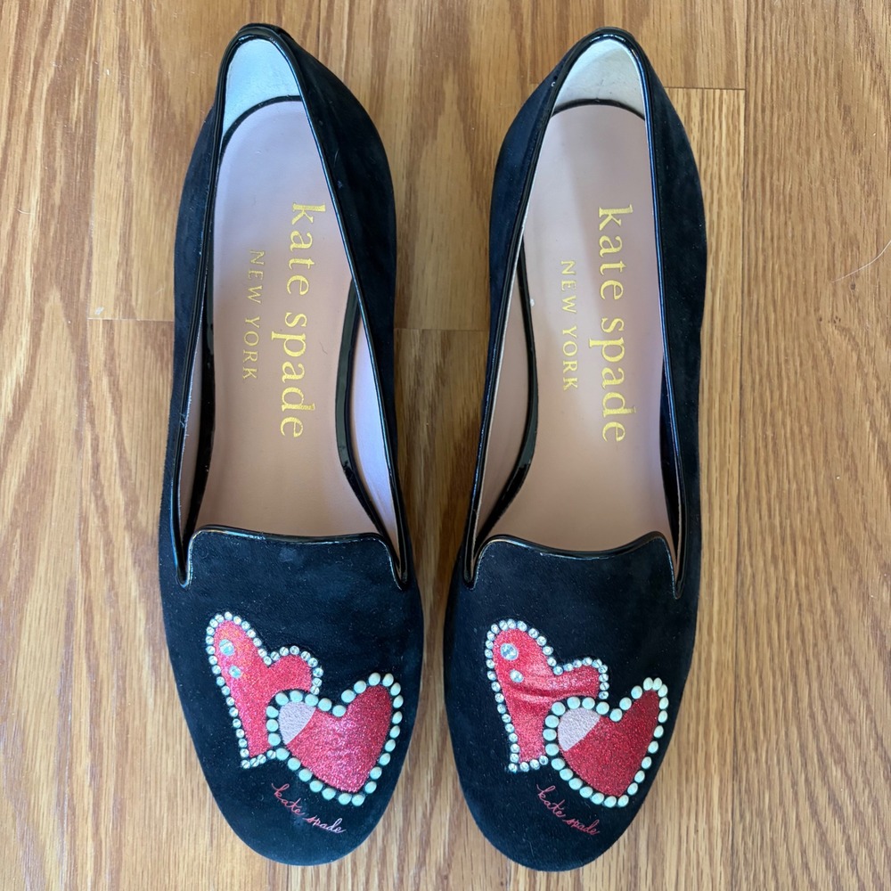 Kate Spade Lounge Hearts Black Red Suede Flats Size 8 Valentine's Coquette